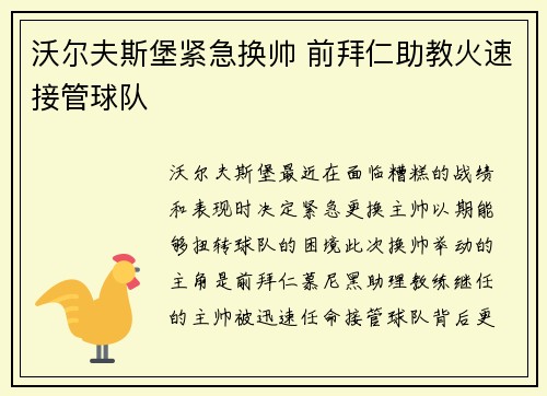 沃尔夫斯堡紧急换帅 前拜仁助教火速接管球队